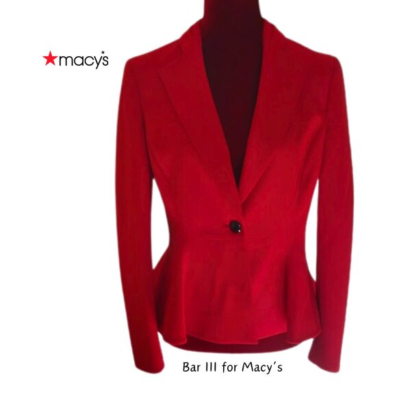 Bar III Jackets & Blazers - Macy's Bar III Women's Cardinal Red Crepe Button Closure Peplum Blazer Size 8